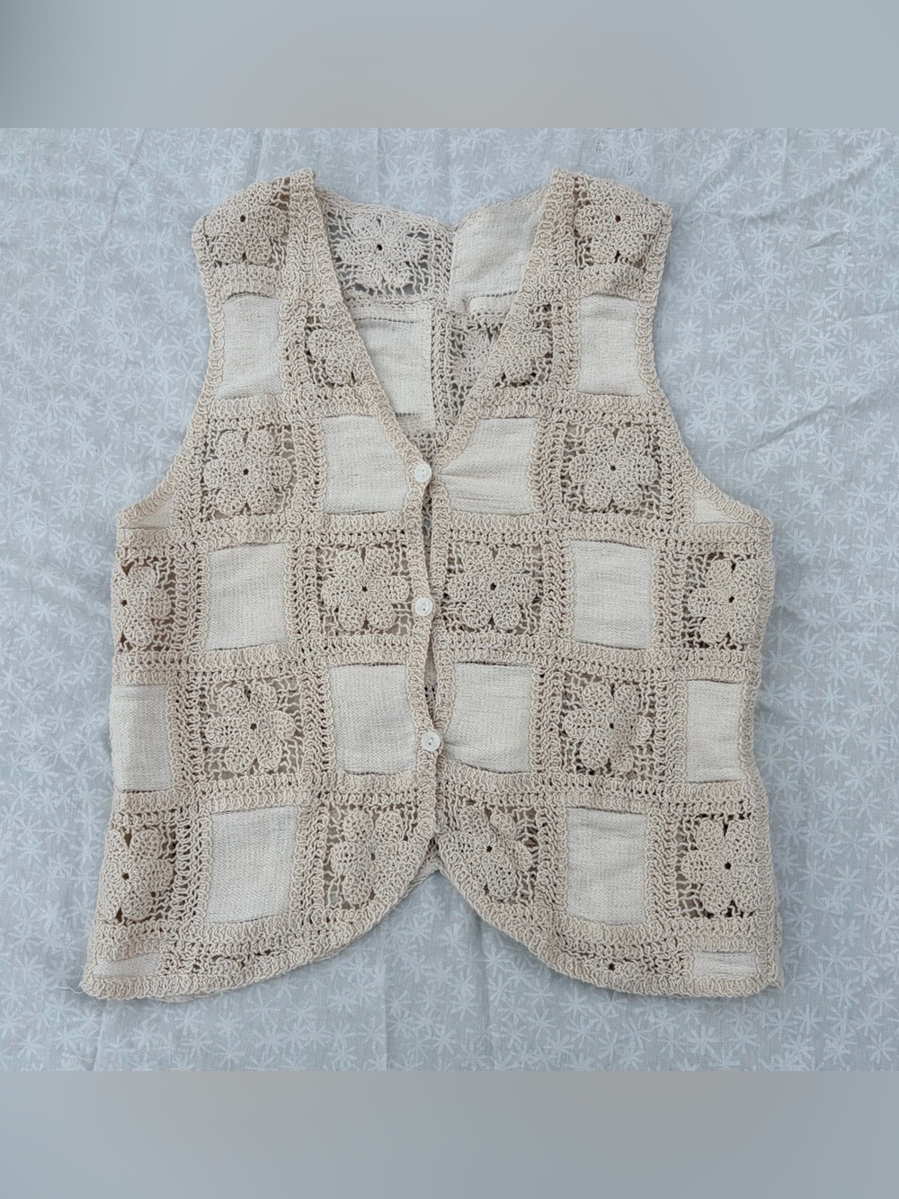 Cream Floral Knit Button Down Vest, Boho Cottagecore Coquette